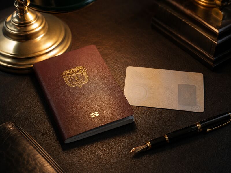 Pasaporte colombiano y pluma sobre cuero